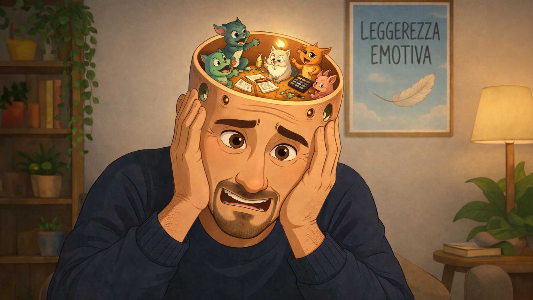 come-funziona-mente-dipendenza-voci-interiori-prof-lumen uomo con mani sulla testa da cui escono personaggi che rappresentano le voci interiori della mente nella dipendenza