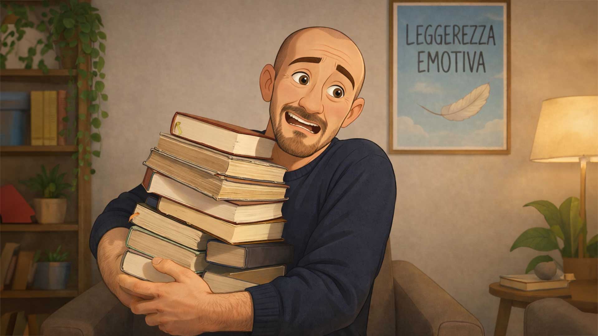 cosa-sono-le-dipendenze-positive-lettura-libri-prof-lumen uomo con pila di libri in mano che rappresenta cosa sono le dipendenze positive legate alla lettura e alle abitudini sane