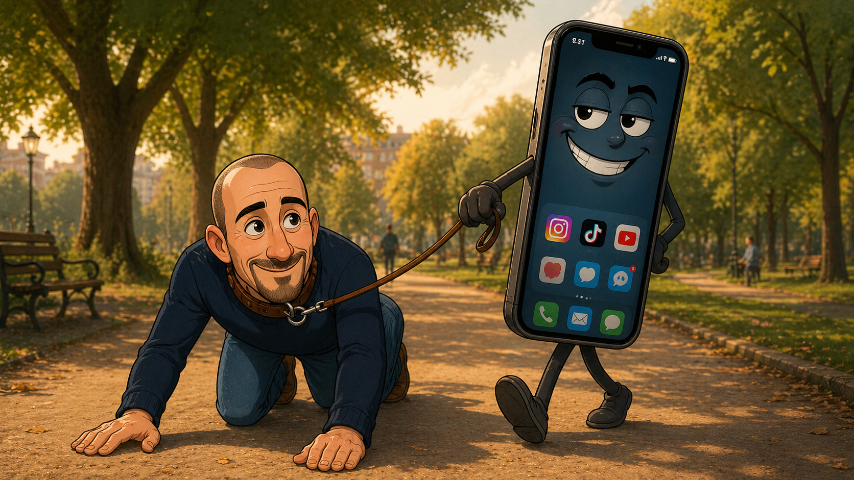 dipendenza-smartphone-telefono-porta-uomo-al-guinzaglio-prof-lumen Smartphone umanizzato che porta al guinzaglio il Prof Lumen in un parco