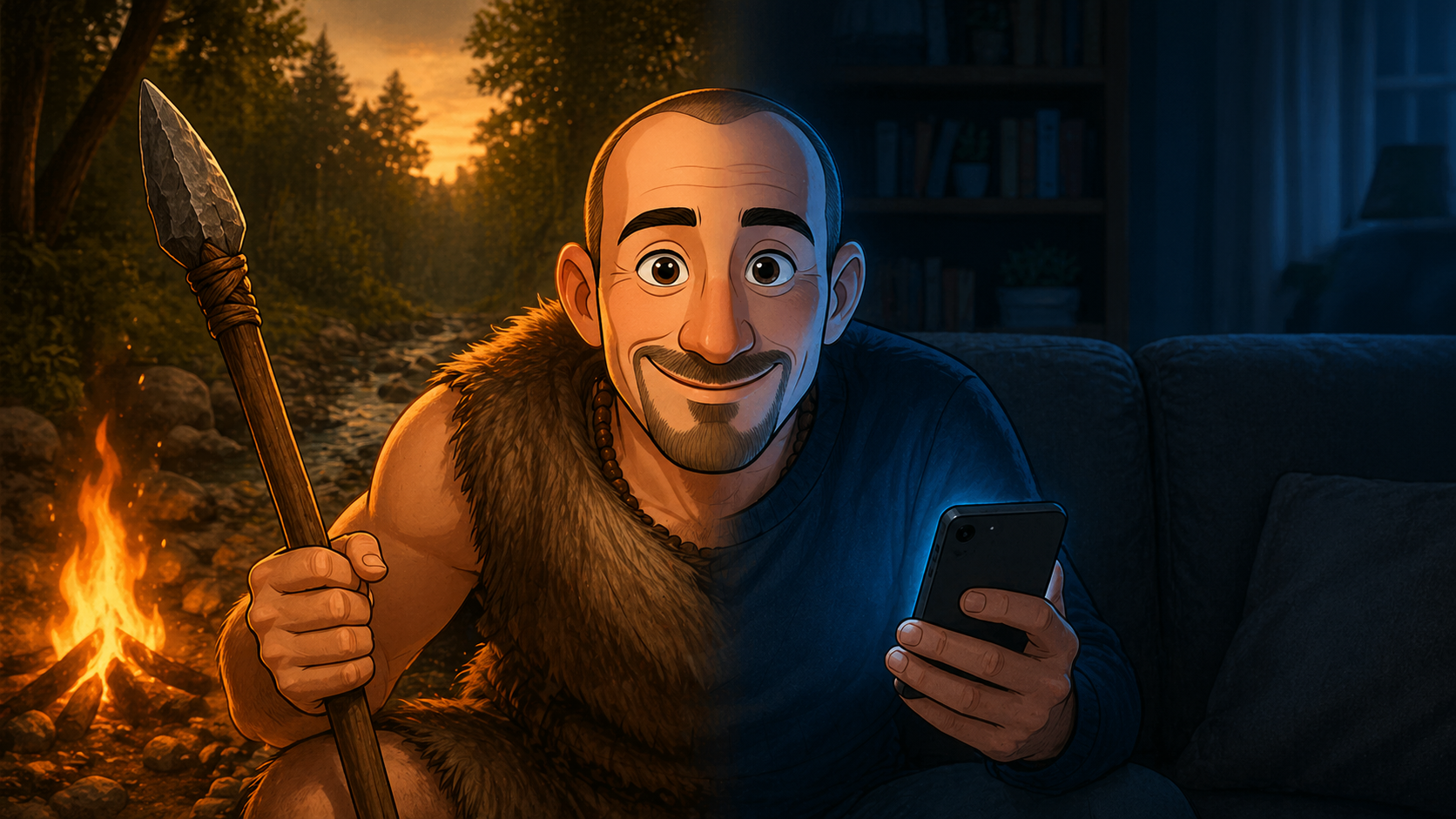 involuzione-umana-uomo-moderno-vs-primitivo-prof-lumen Prof Lumen diviso tra uomo preistorico attivo e uomo moderno sul divano con smartphone