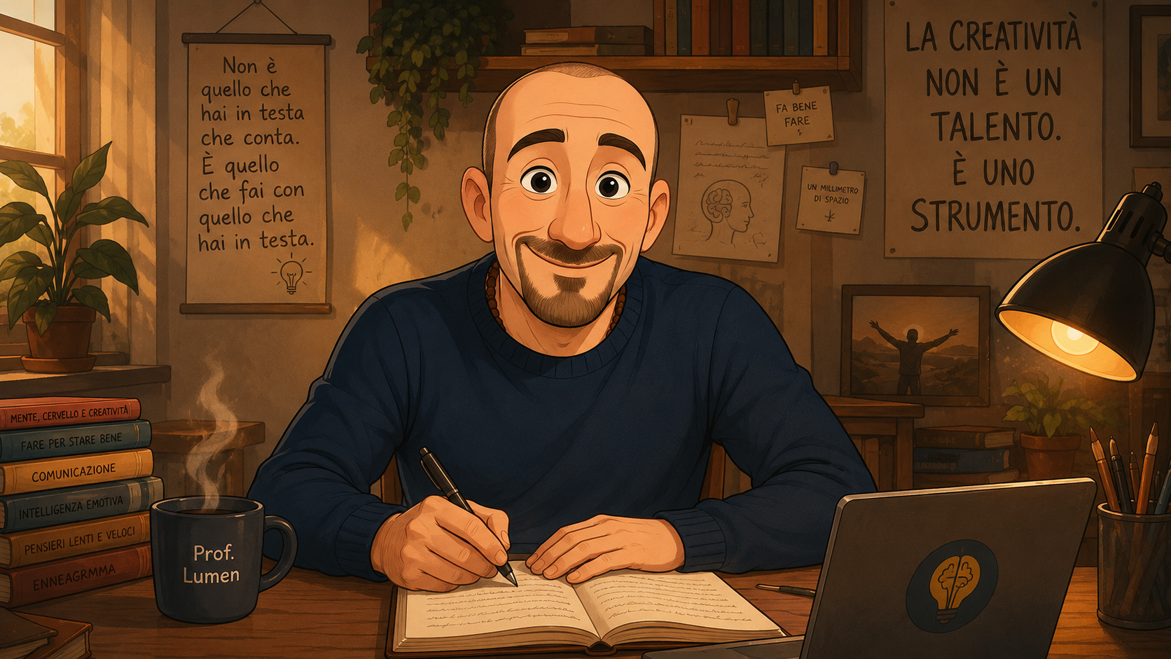 scrittura-terapeutica-benefici-prof-lumen Prof Lumen scrive su un quaderno per spiegare i benefici della scrittura terapeutica e della creatività come strumento di benessere emotivo.