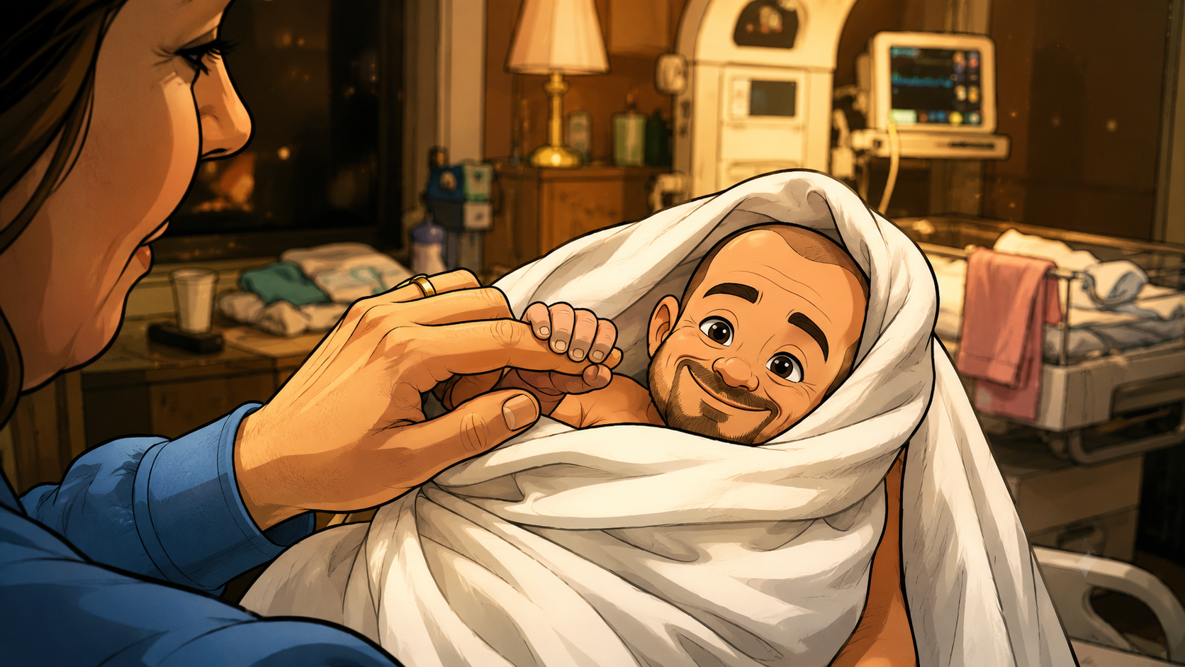 la-prima-dipendenza-neonato-prof-lumen-fumetto Illustrazione a fumetti di un neonato con il volto del Prof Lumen tra le braccia della madre, simbolo della prima dipendenza e del legame originario tra bambino e figura materna.
